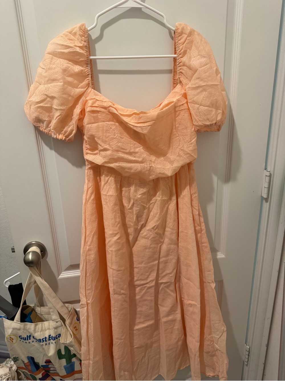 Peach Square-Neck Puff Sleeve Midi Dress